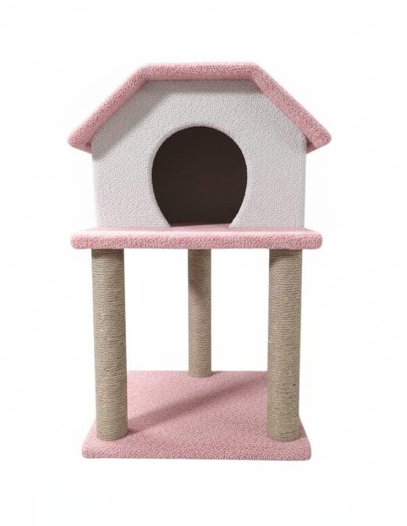 İPLİ PELÜŞ ÇİFT KATLI TIRMALAMALI KEDİ EVİ BEYAZ PEMBE image