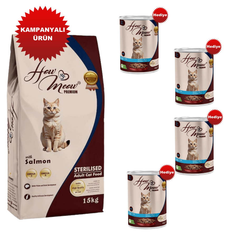 How Meow - Kısır Somonlu Kedi Maması 15 KG  (4 Adet 400gr Konserve Hediyeli)