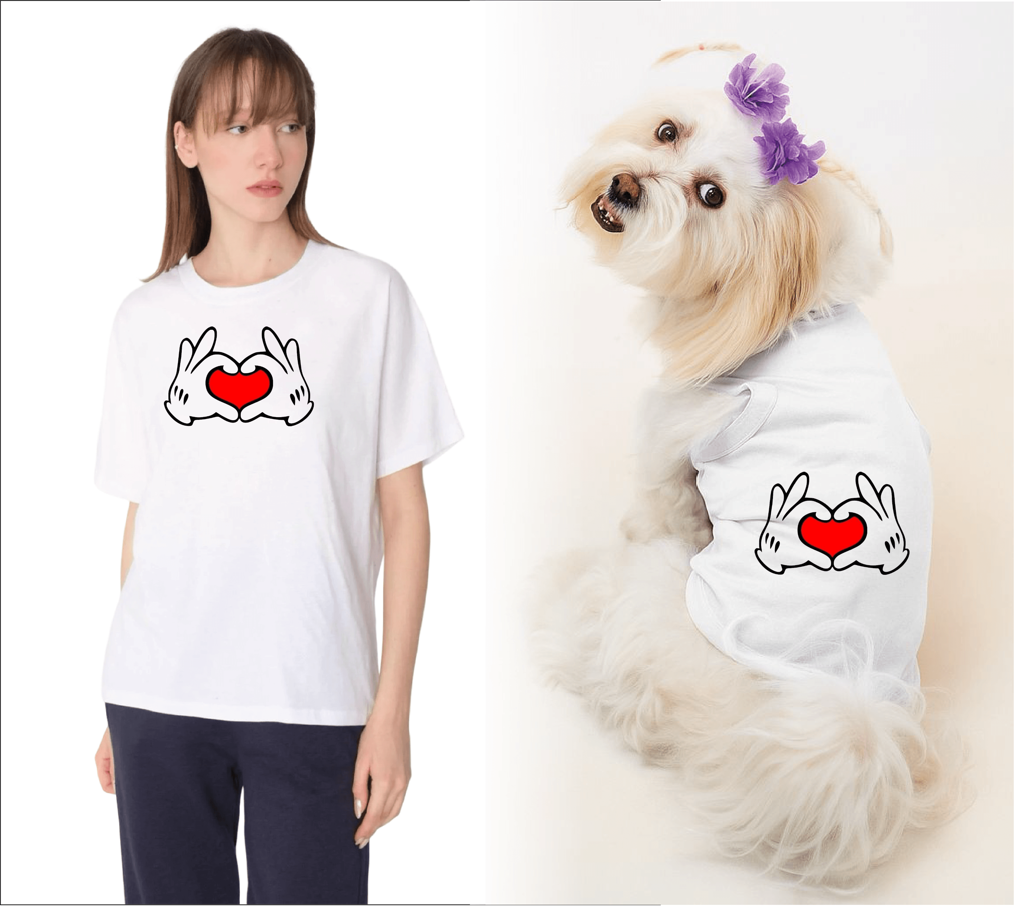 Köpek ve Sahip Kombini - Takım olarak gönderilir Beyaz Baskılı - Hearts Beyaz