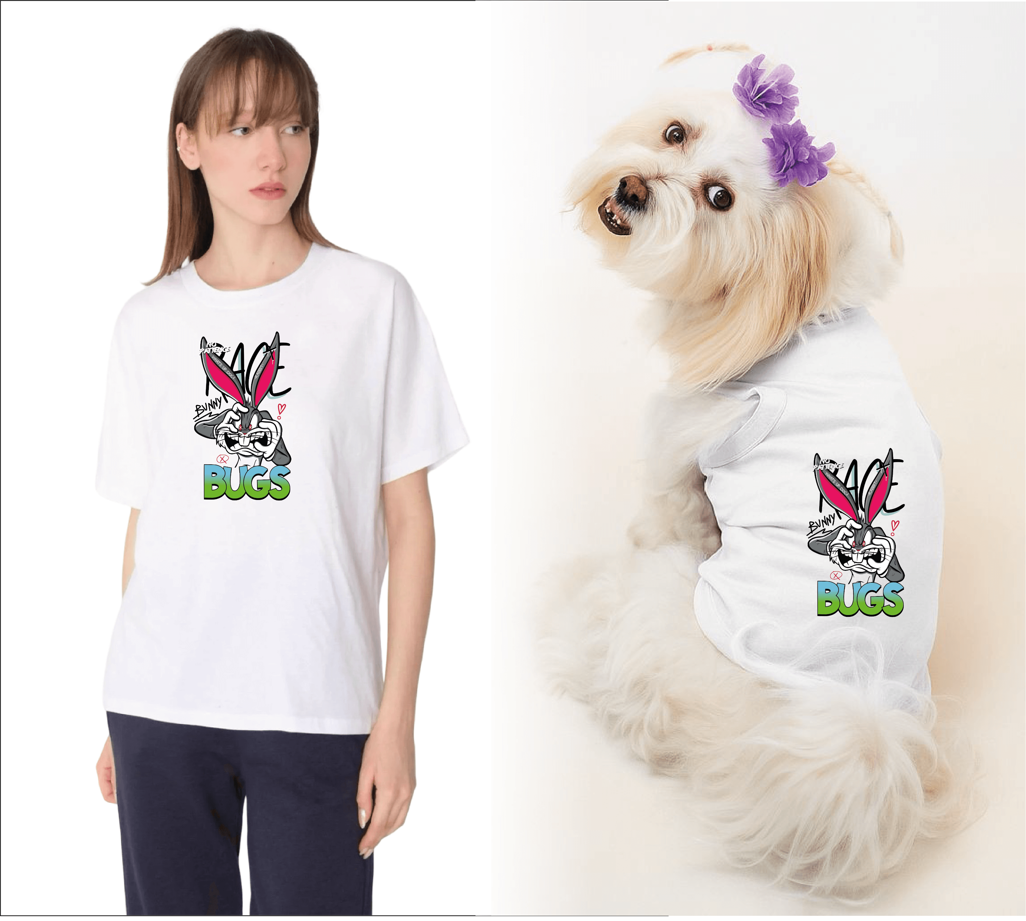 Köpek ve Sahip Kombini - Takım olarak gönderilir Beyaz Baskılı - Buggs Beyaz