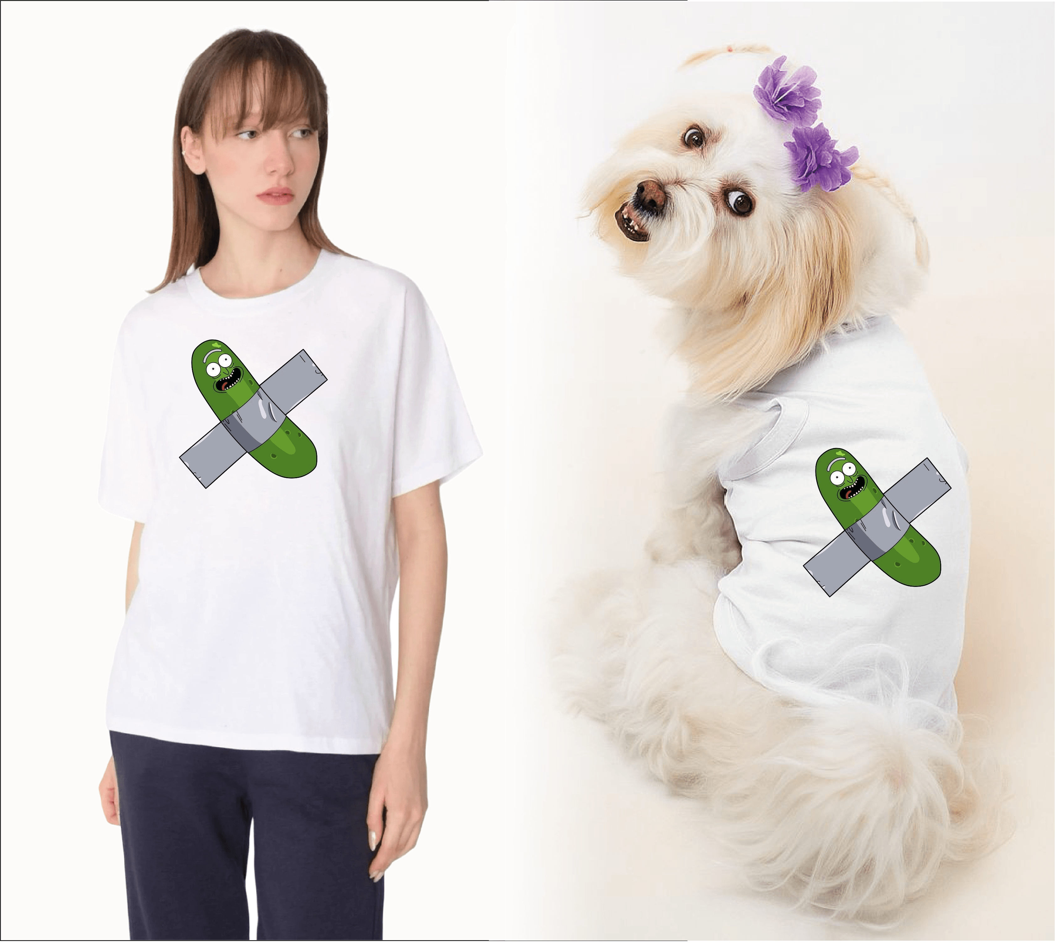 Köpek ve Sahip Kombini - Takım olarak gönderilir Beyaz Baskılı - Hiyar Beyaz