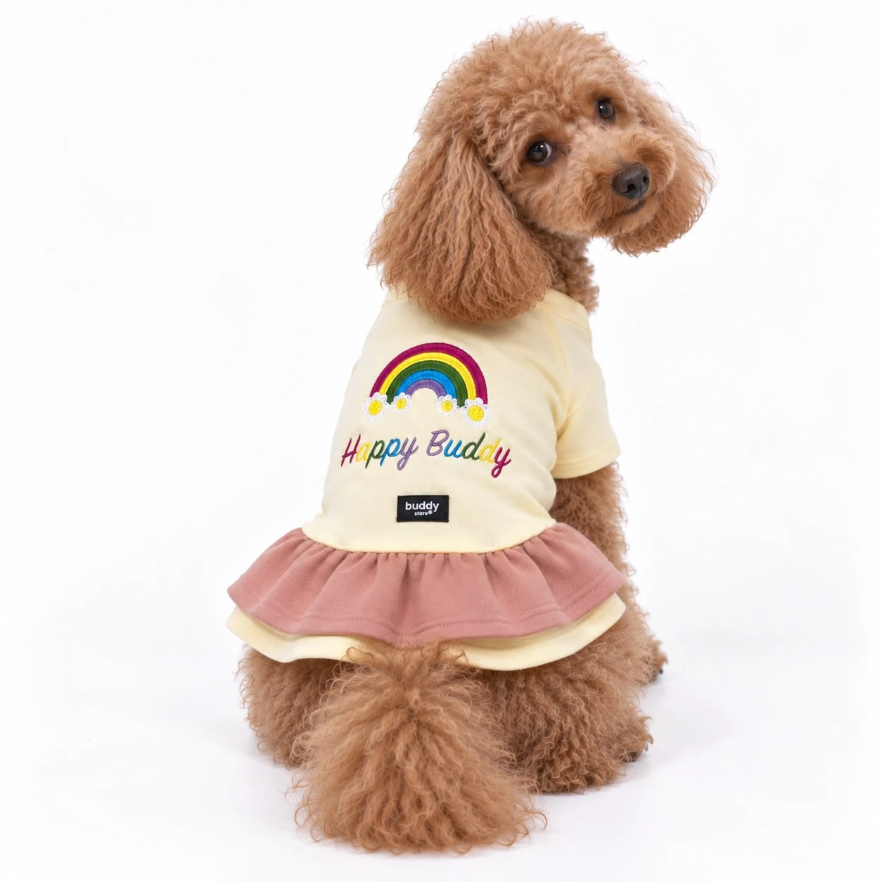 3 İplik Şardonlu Happy Buddy Nakış Sarı Kahve Elbise