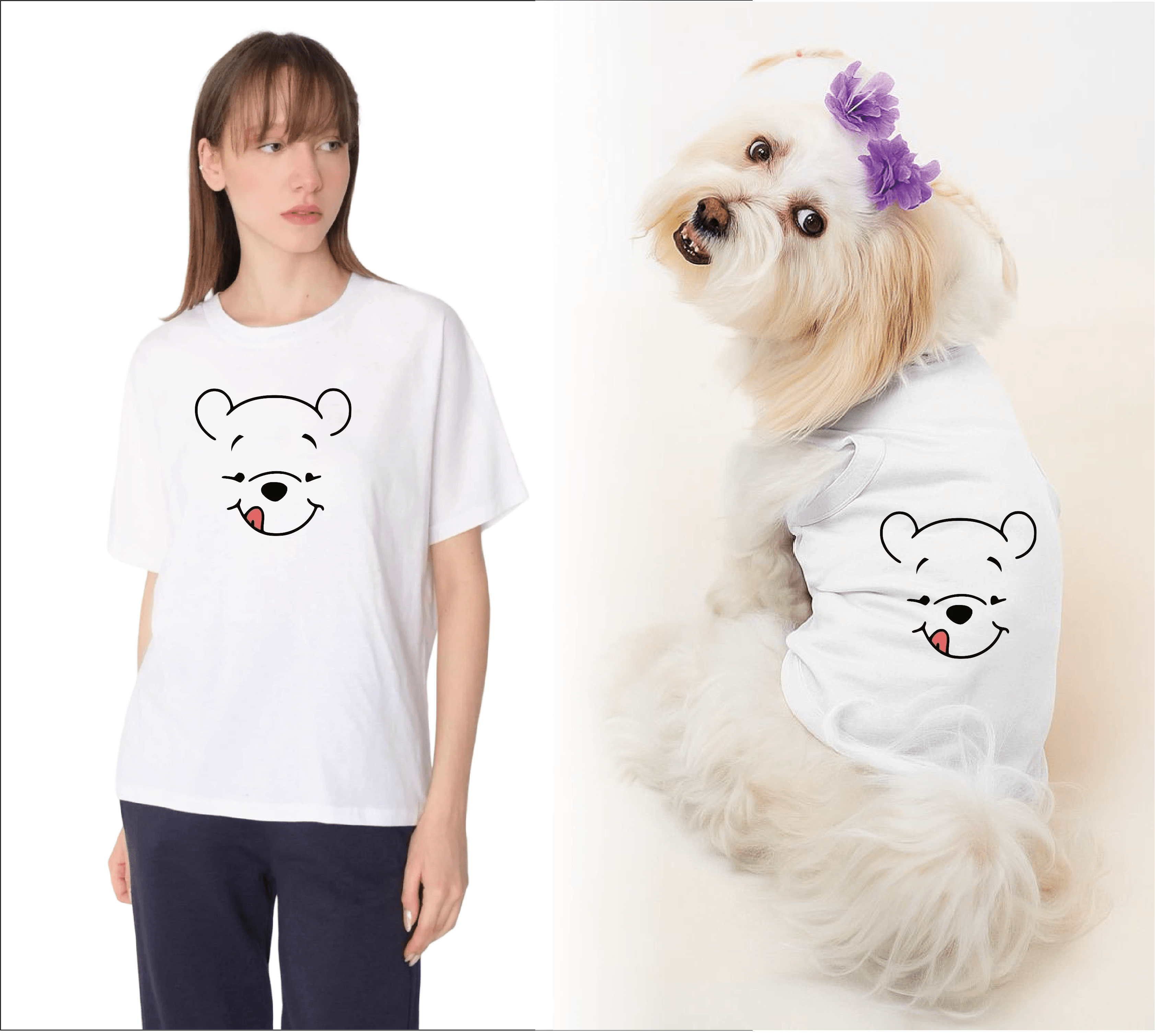 Köpek ve Sahip Kombini - Takım olarak gönderilir Beyaz Baskılı - Bear Beyaz