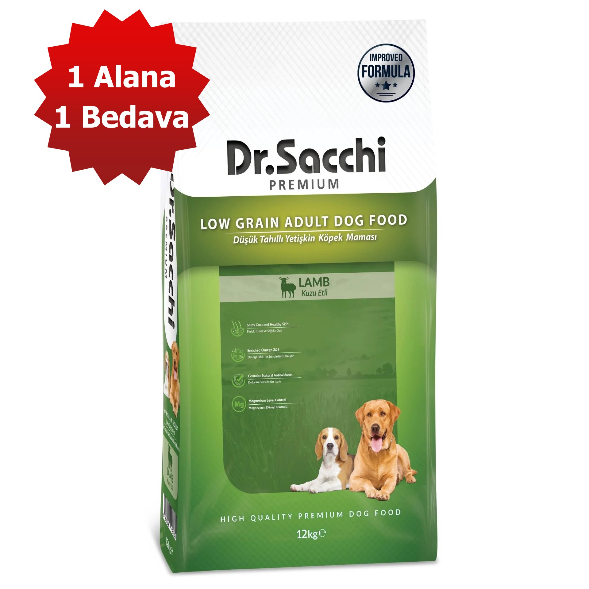 Dr.Sacchi Premium Kuzu Etli Düşük Tahıllı Yetişkin Köpek Maması 12 Kg 1 Alana 1 Bedava