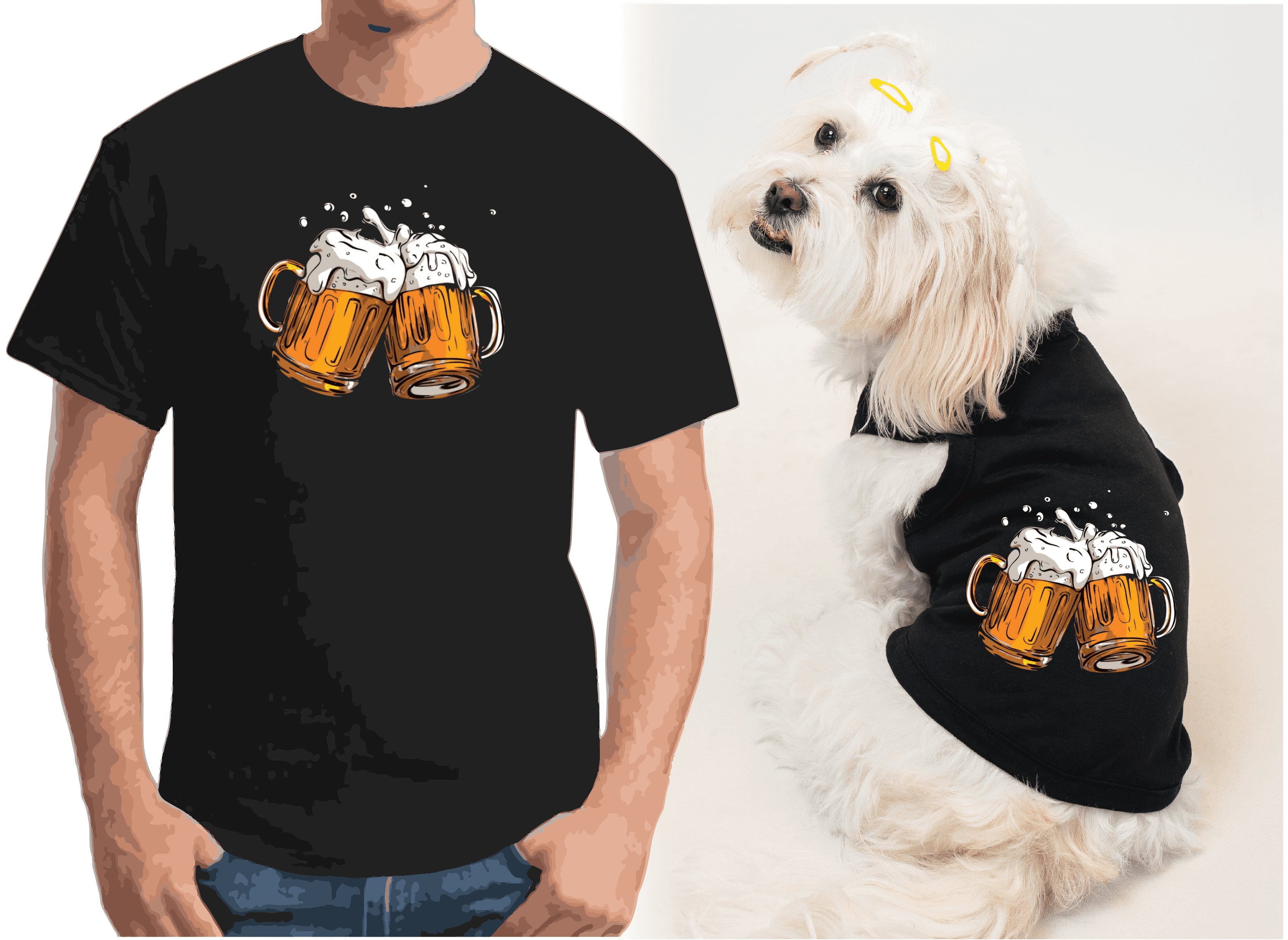 Köpek ve Sahip Kombini - Takım olarak gönderilir Beyaz Baskılı - Bira Siyah