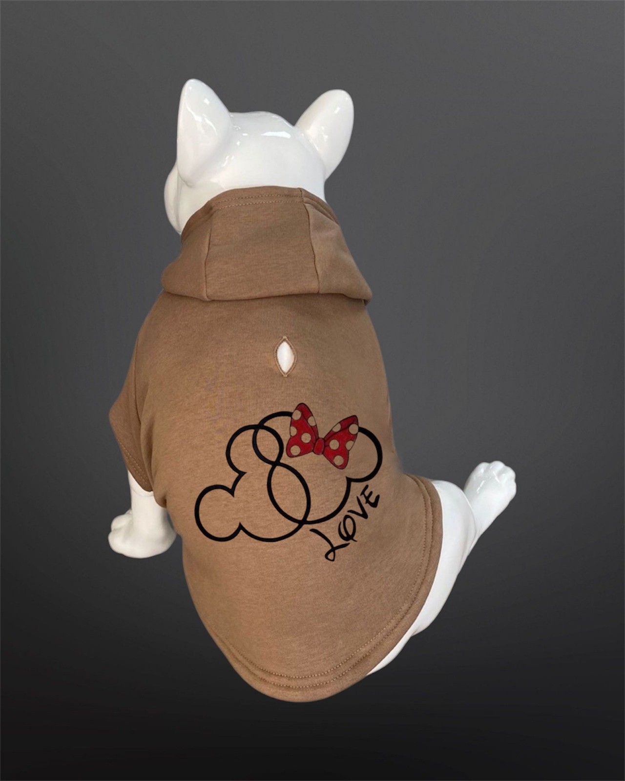 Kedi & Köpek Kıyafeti Sweatshirt - Love Baskılı Bej Rengi Tasma Detaylı Kapüşonlu Sweatshirt