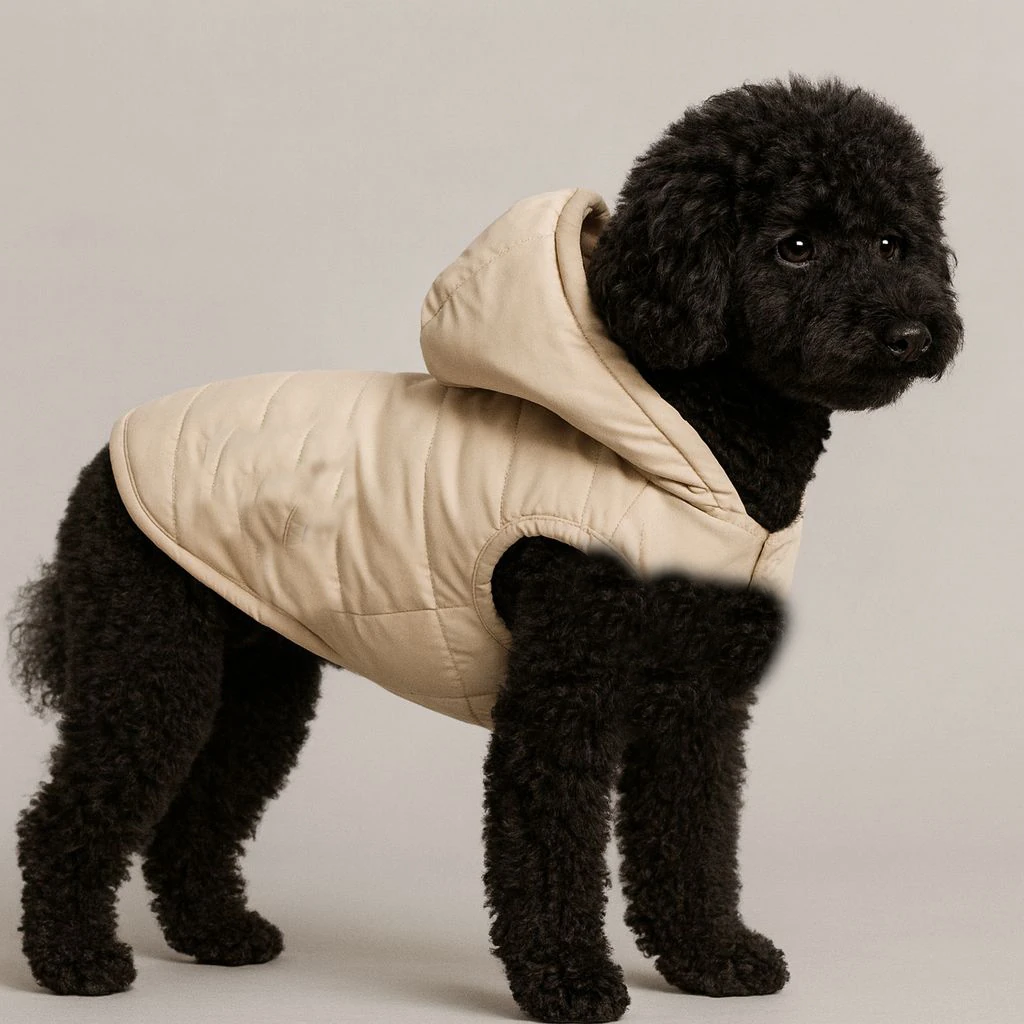 Kapitone Astarlı Su Geçirmez Kapüşonlu Köpek Montu - Kolay Giydirilebilir Kalıp (S-M-L-XL-2XL) B2B - Bej