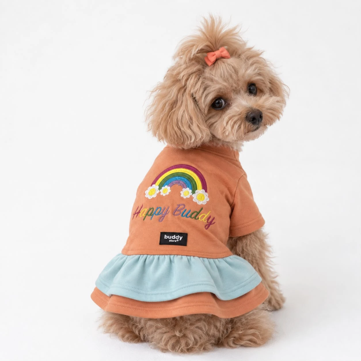 3 İplik Şardonlu Happy Buddy Nakış Turuncu Elbise