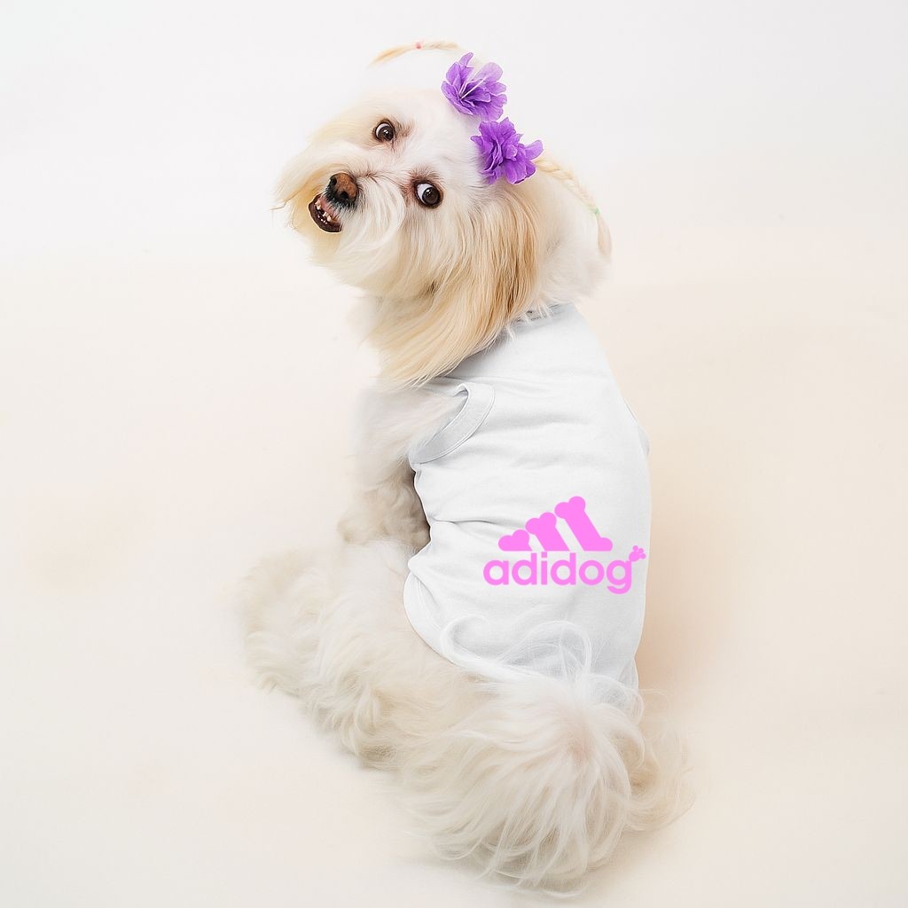 Kedi & Köpek Kıyafetleri - Yazlık Beyaz Atlet Model (Yeni Sezon %100 Pamuk) - Beyaz Adidog Pembe