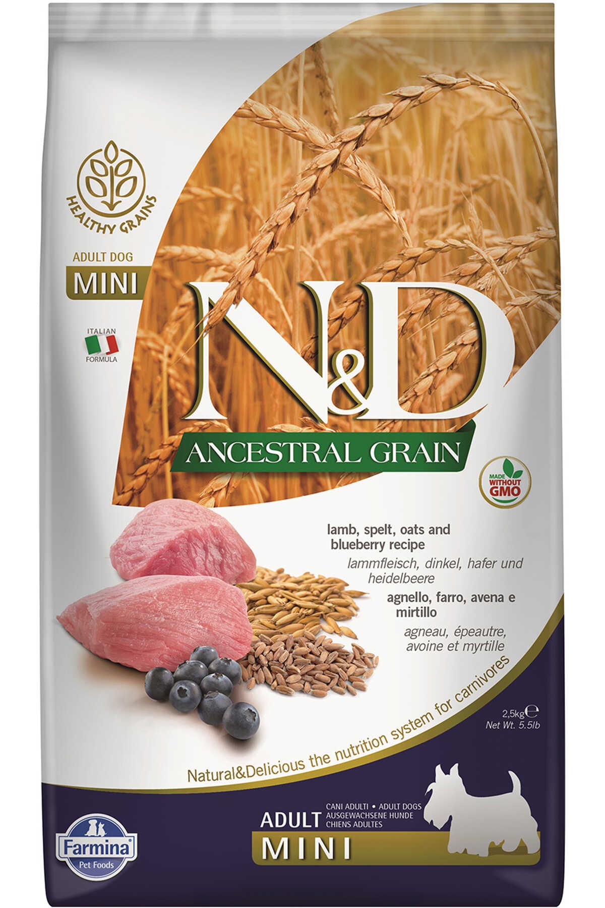 N&D -  Ancestral Grain Lamb, Spelt, oats and blueberry Recipe Adult Dog ( 2.5 KG ) (PND0250083)