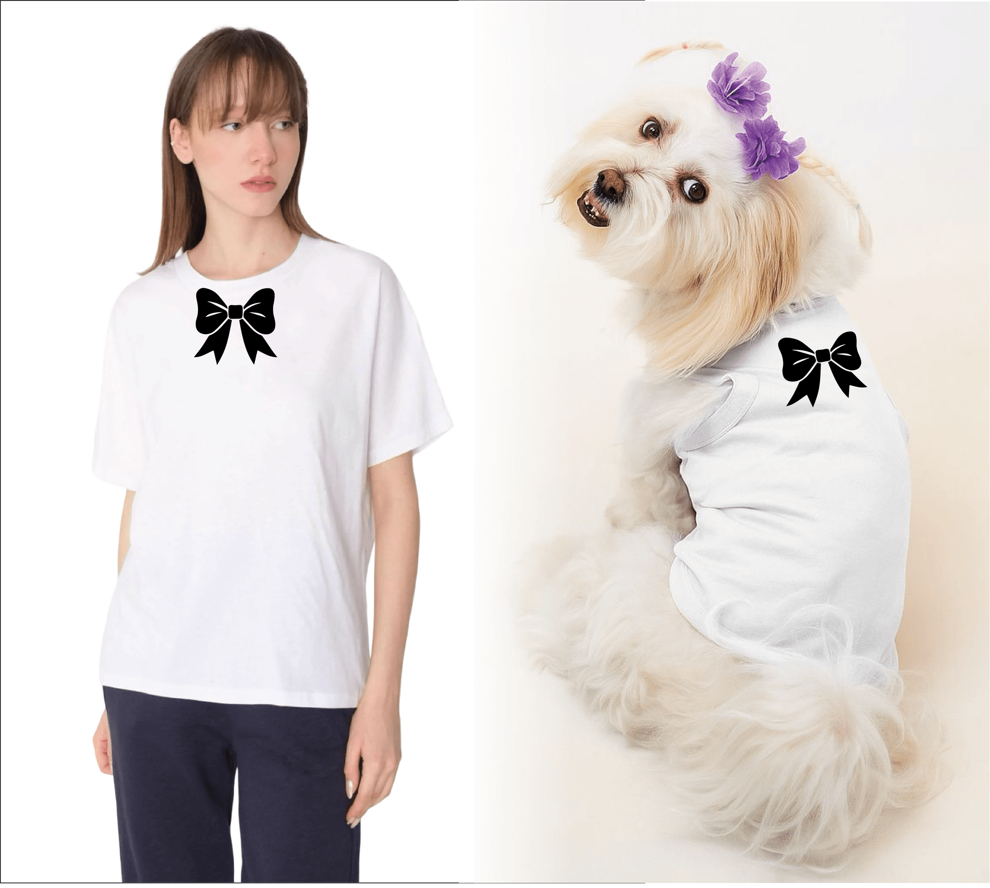 Köpek ve Sahip Kombini - Takım olarak gönderilir Beyaz Baskılı - Papyon Beyaz