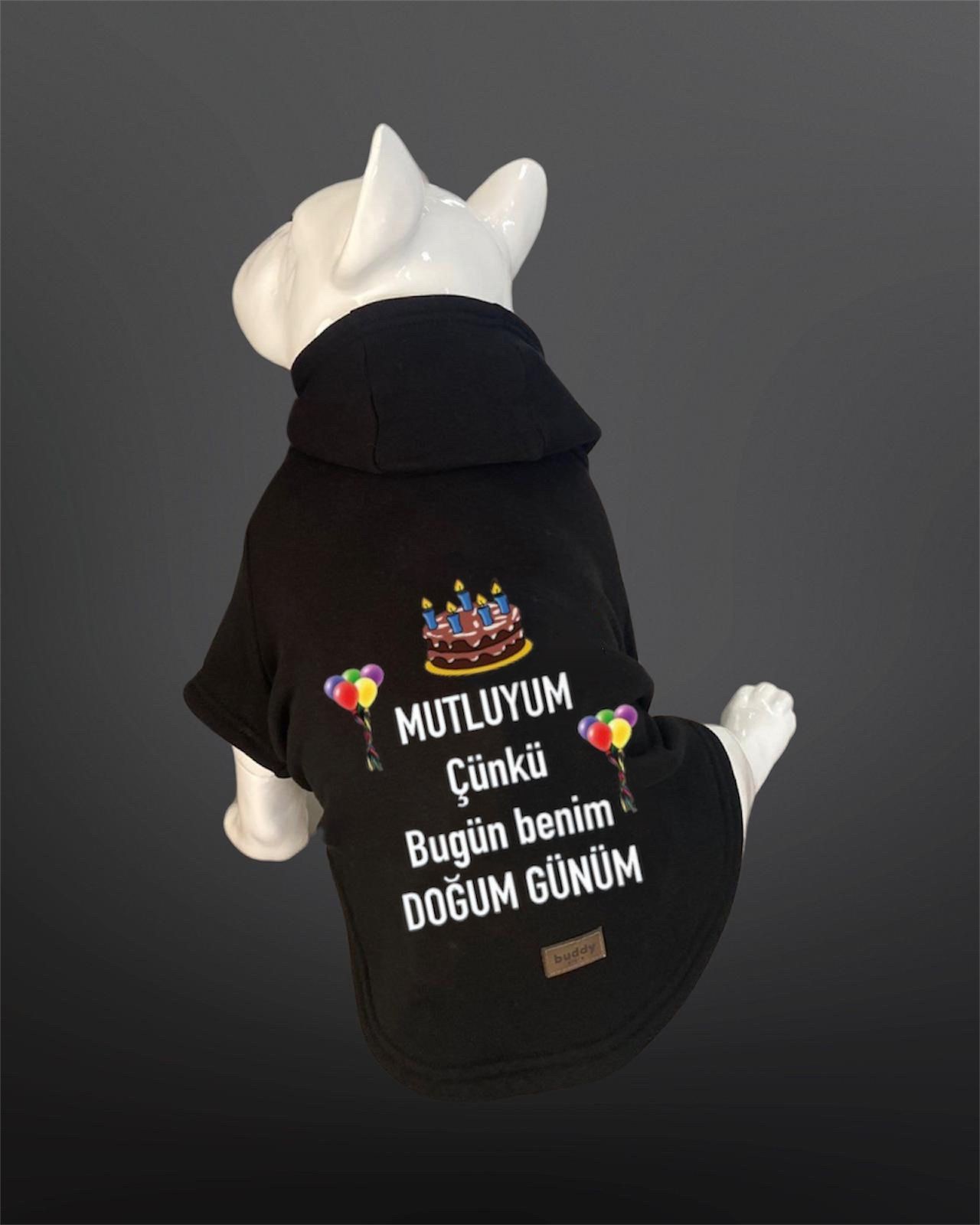 Kedi & Köpek Kıyafeti Sweatshirt - Mutluyum Çünkü Bugün Benim Doğum Günüm Baskılı Siyah Sweatshirt