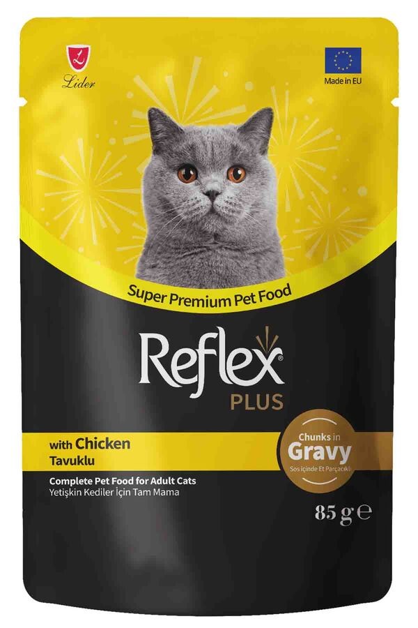 REFLEX PLUS POUCH SOS İÇİNDE ET PARÇACIKLI TAVUKLU YETİŞKİN KEDİ MAMASI 85 G