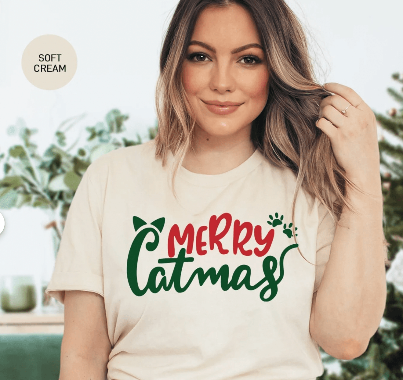 Merry CatMas Baskılı Slim Fit %100 Compact Penye %100 Pamuk Unisex Tshirt - Beyaz