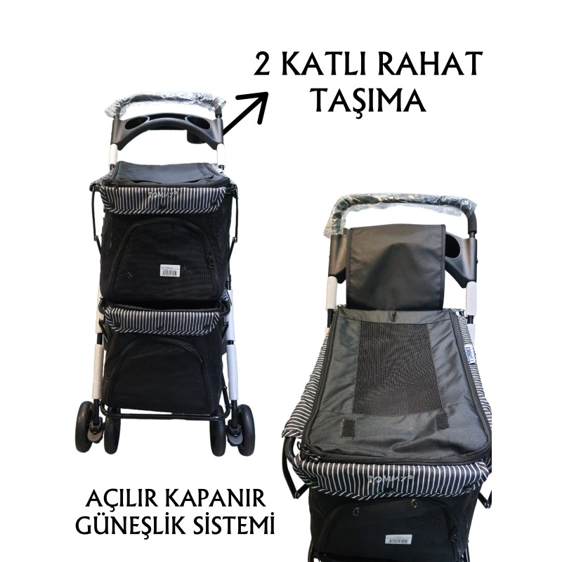 TOMMY İKİ KATLI EVCİL HAYVAN ARABASI 85x51x100CM SİYAH MAX 10+10 KG