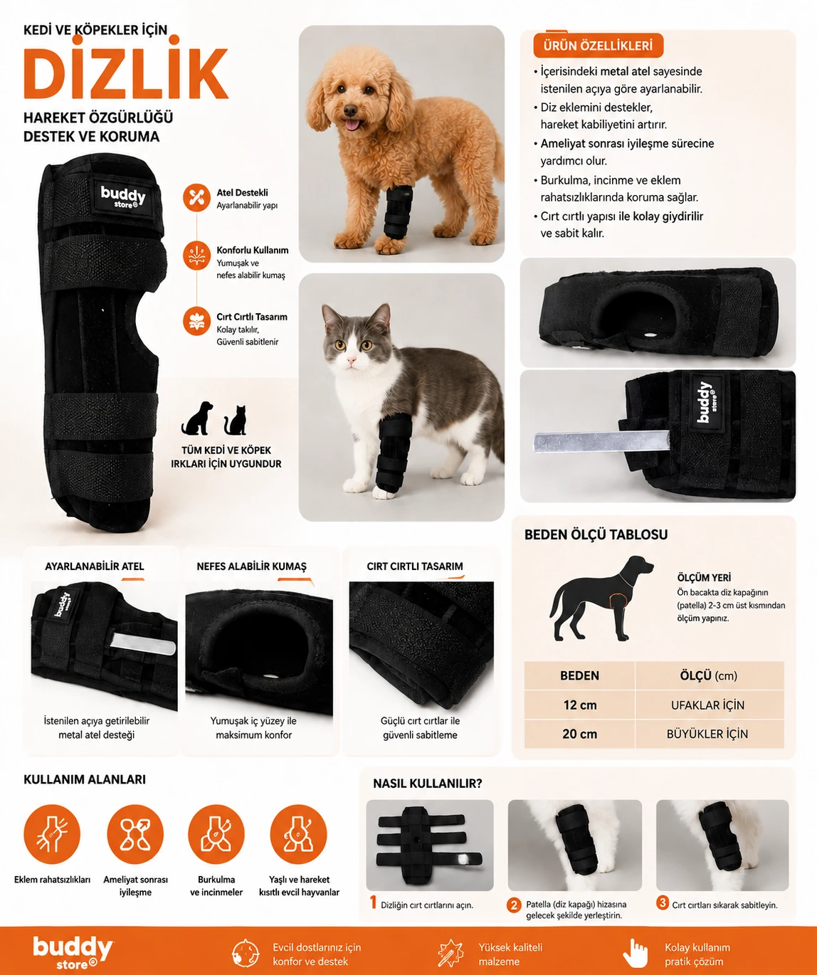 Kedi Köpek Dizlik | Arka ve Ön Bacak Destekleyici Ortopedik Diz Koruyucu | Ayarlanabilir Cırt