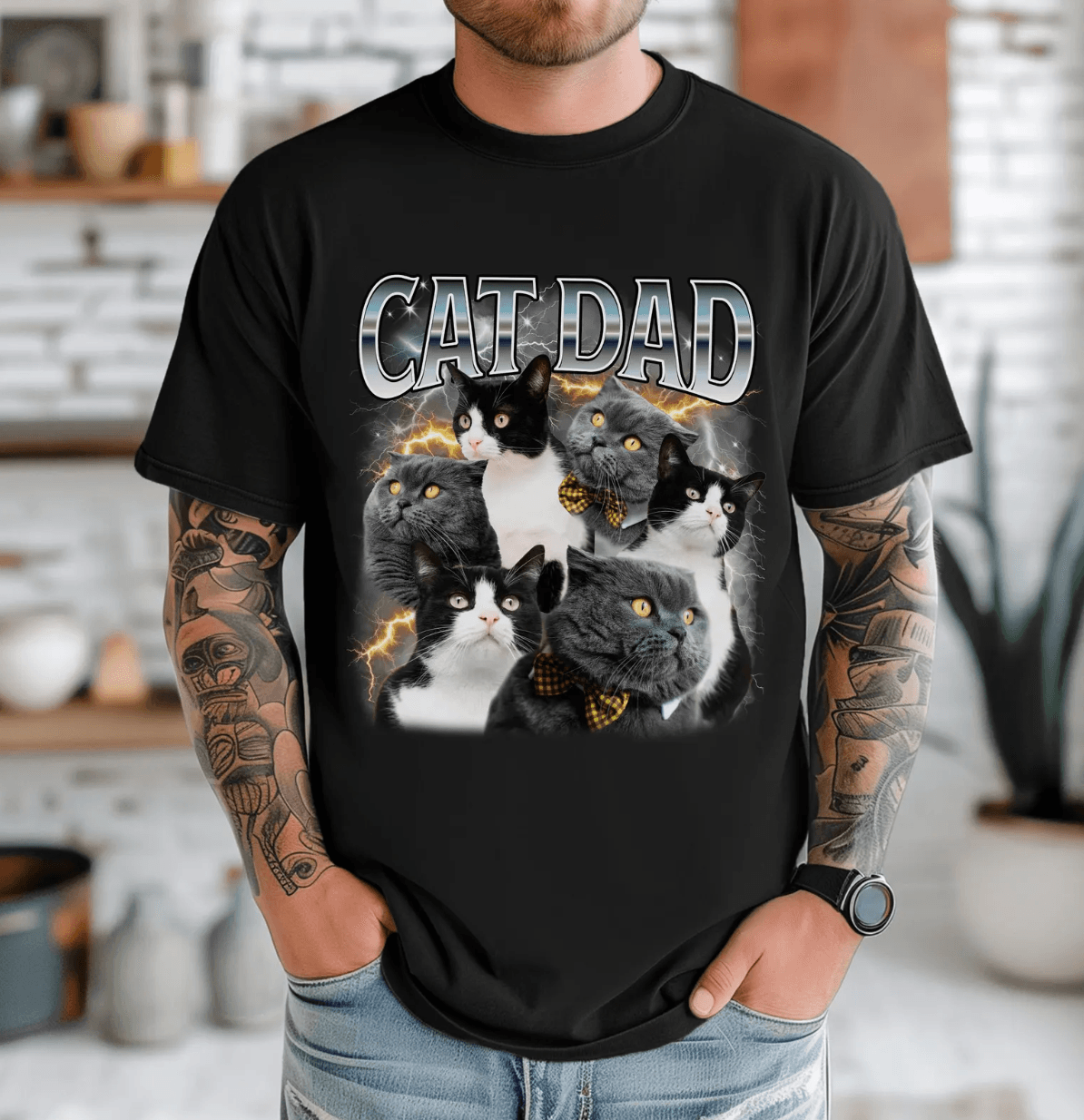 Cat Dad Baskılı Slim Fit %100 Compact Penye %100 Pamuk Unisex Tshirt - Siyah