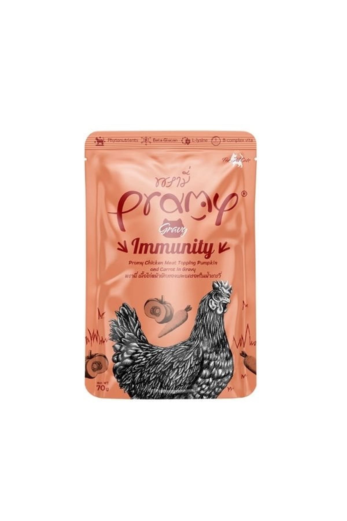PRAMY SOS İÇİNDE TAVUKLU, BAL KABAKLI VE HAVUÇLU YETİŞKİN KEDİ MAMASI 70G