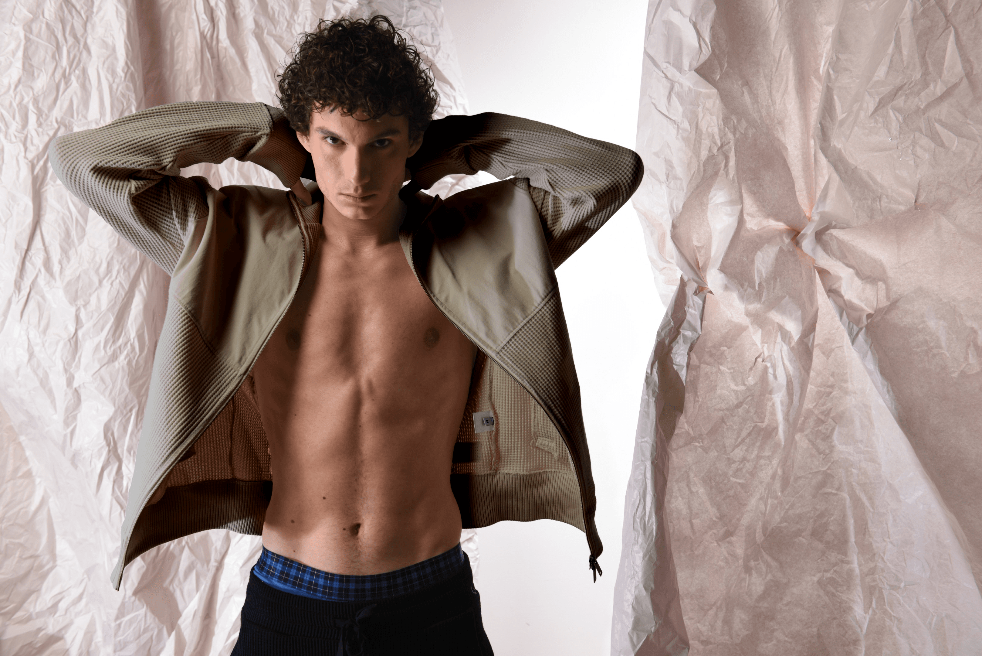 Men's Waffle Jacket with Gabardine Yoke Details.