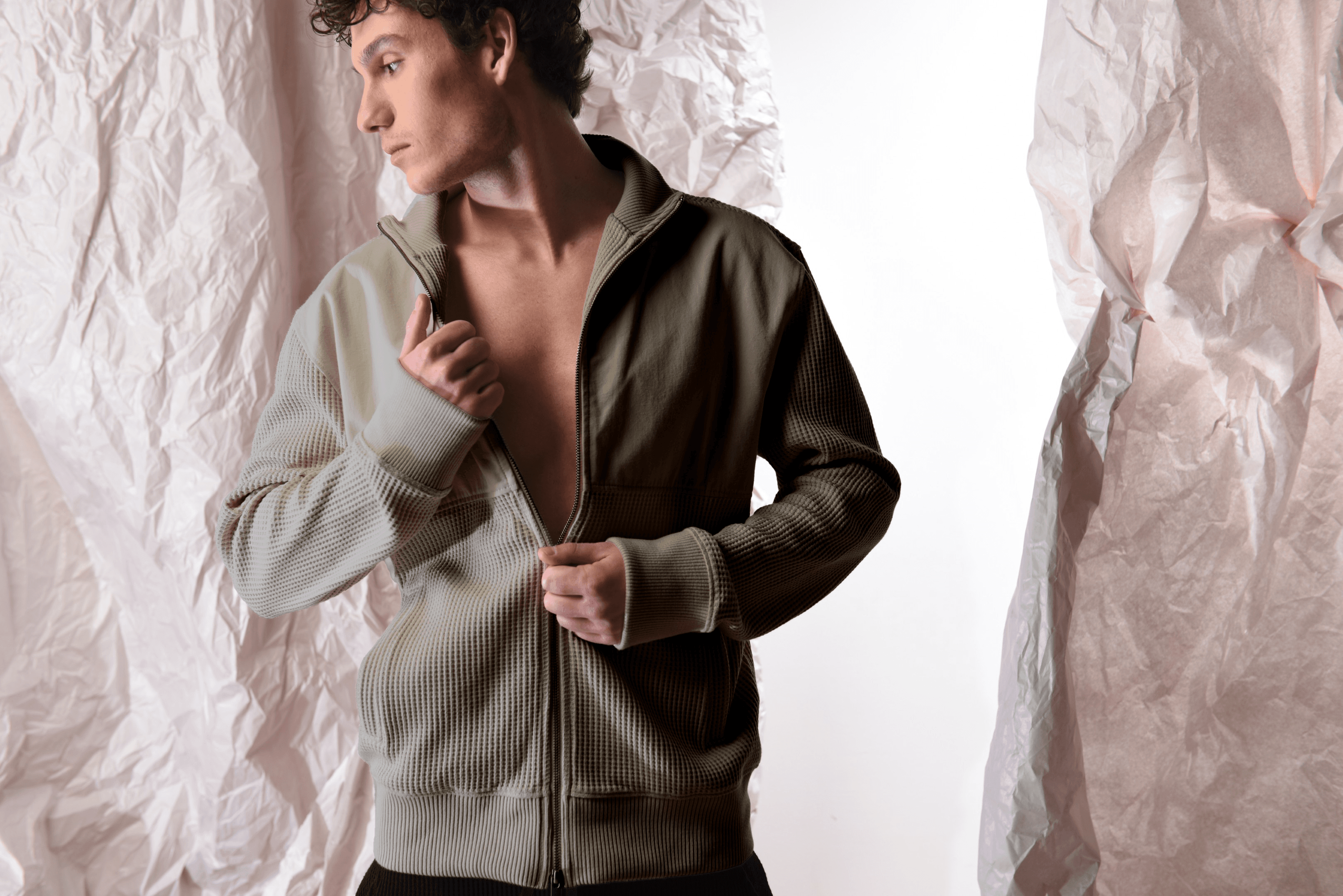 Men's Waffle Jacket with Gabardine Yoke Details.