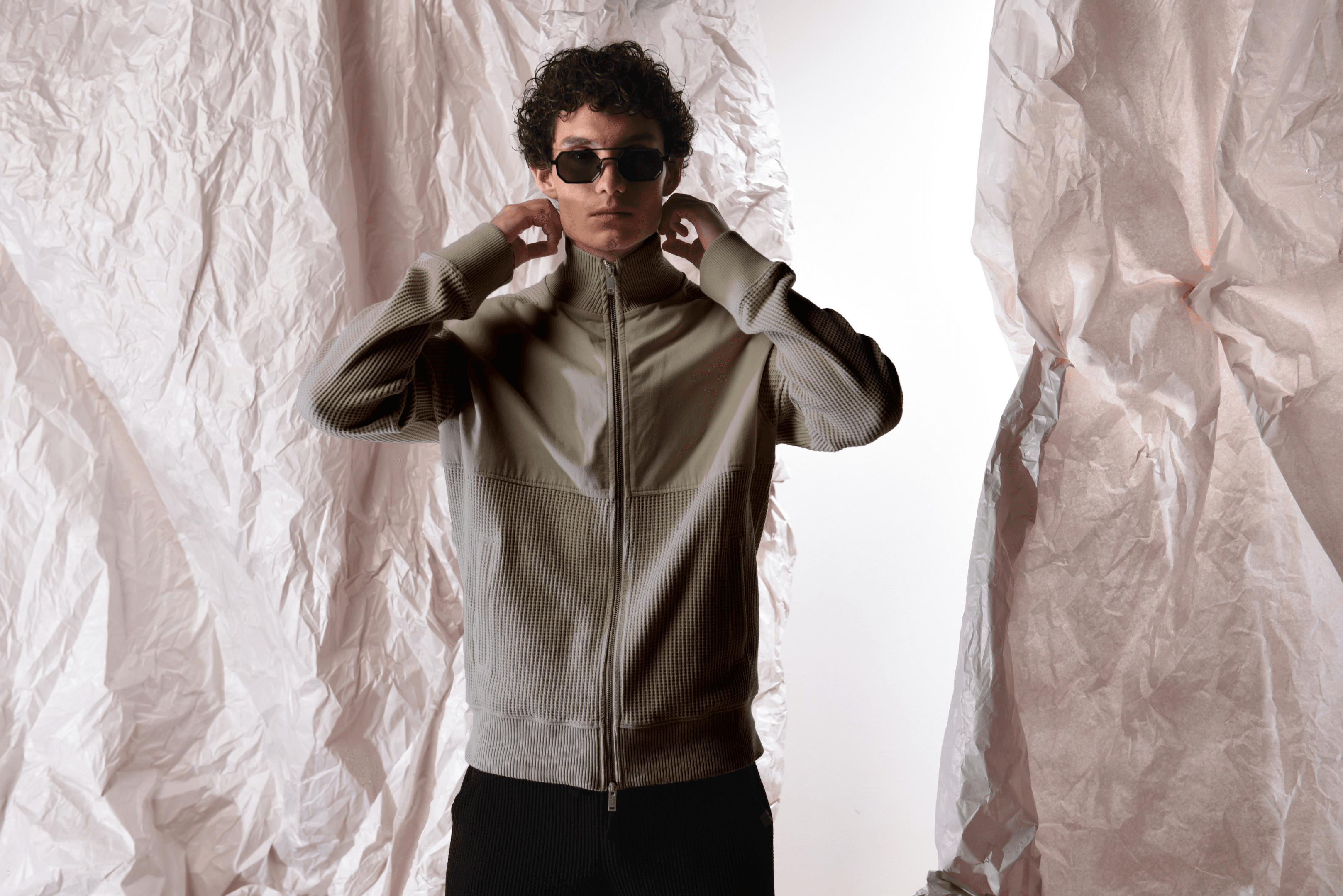 Men's Waffle Jacket with Gabardine Yoke Details.
