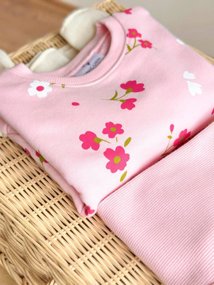 Pembe Çiçekli Tayt Takım - Gömlek Detaylı