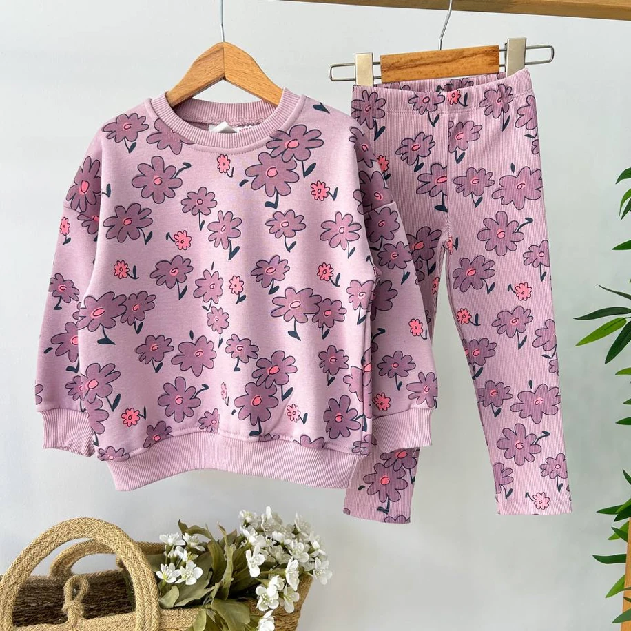 Mor Çiçekli Taytlı Takım