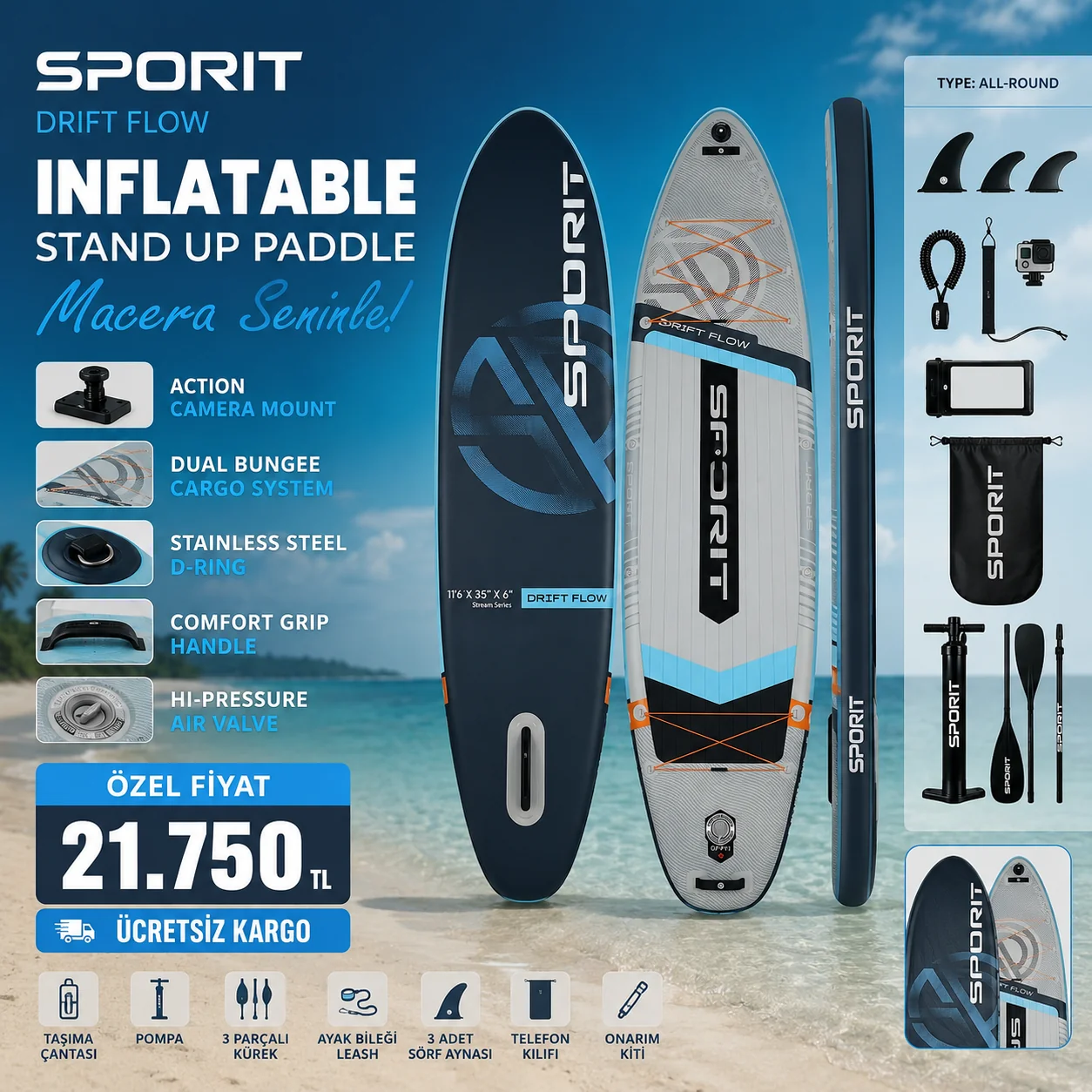 Seafit SeaFit Sporit Drift Flow SUP | 195kg Kapasite | 20 PSI Dayanıklılık
