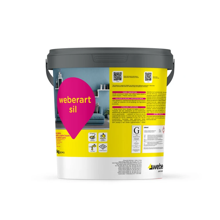 Weberart sil: Akrilik emülsiyon esaslı, silikon katkılı, hafif silinebilir iç cephe boyası