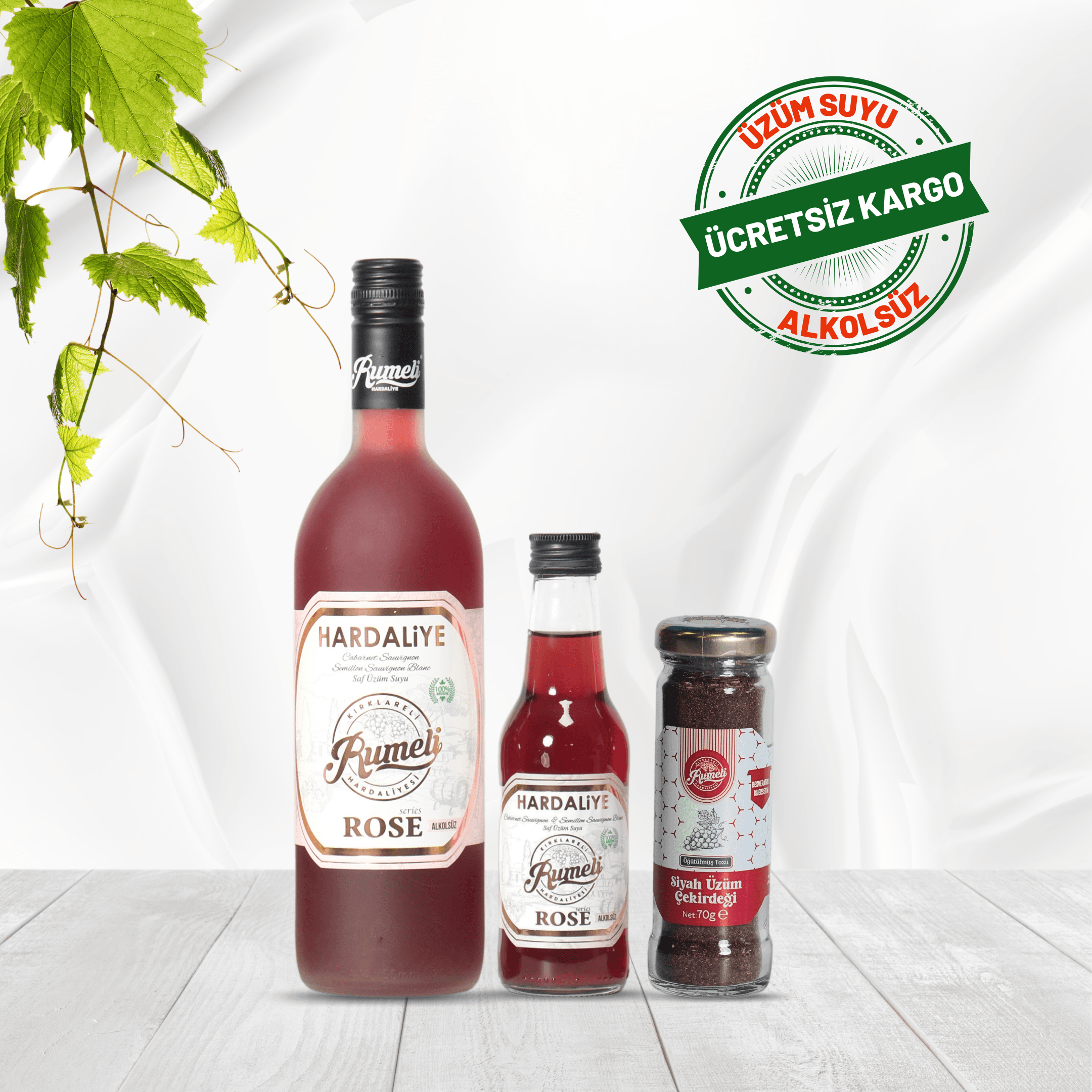 3’ü Bir Arada Rose Hardaliye+Üzüm Çekirdeği Tozu (750ml+200ml+70gr.)