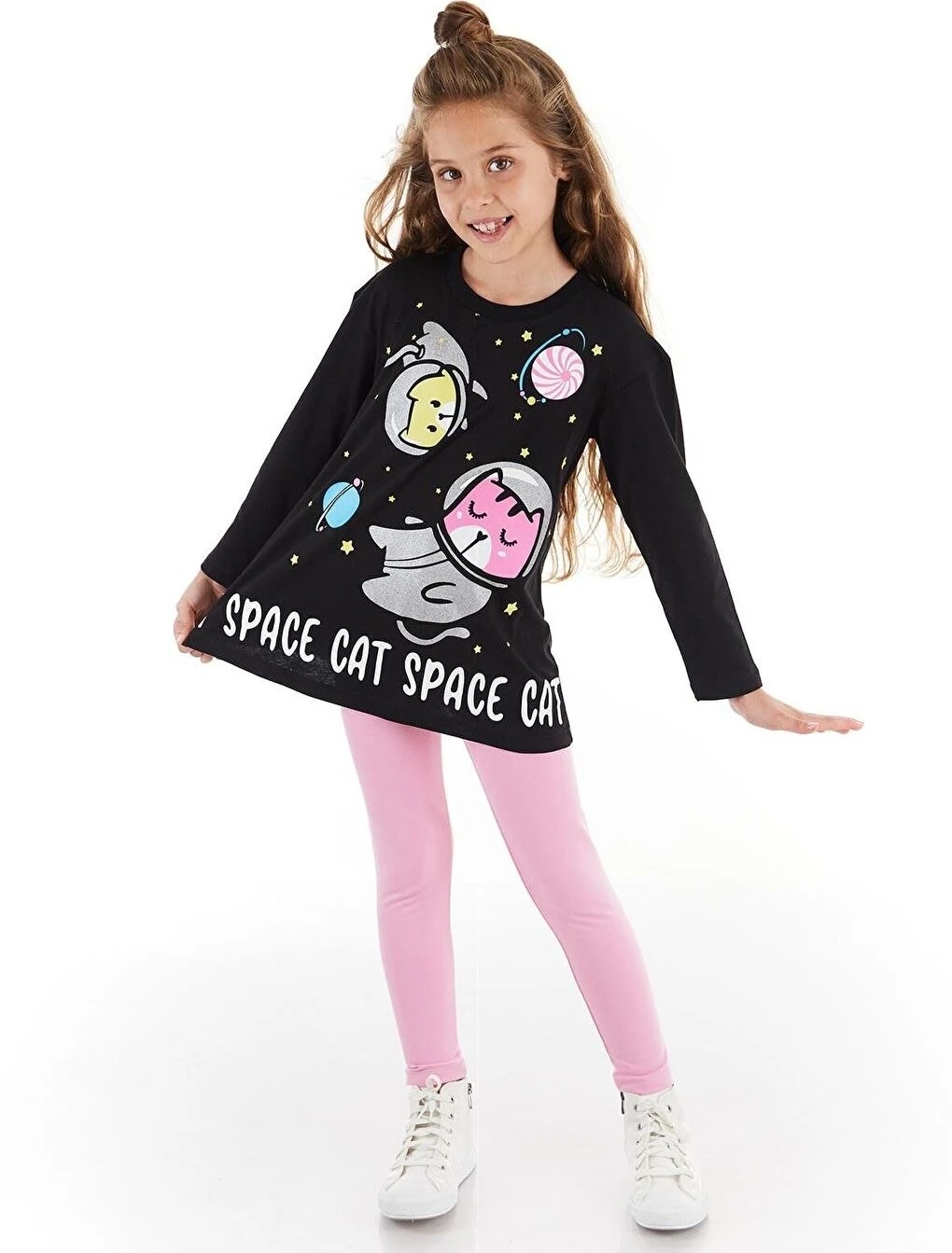 Deno Kids Uzaylı Kedi Kız Tunik Takım