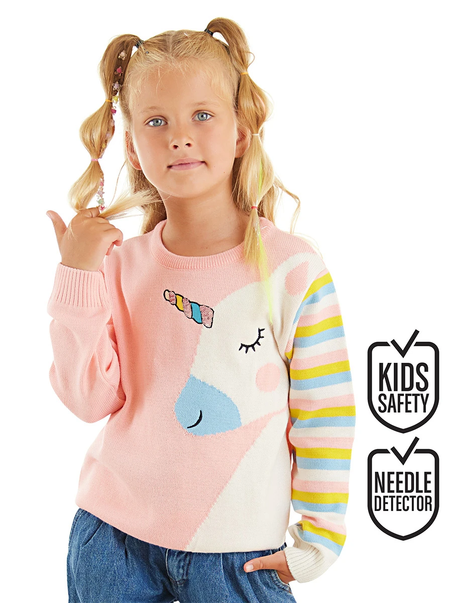 Denokids Unicorn Kız Çocuk Pembe Payet İşlemeli Triko Kazak
