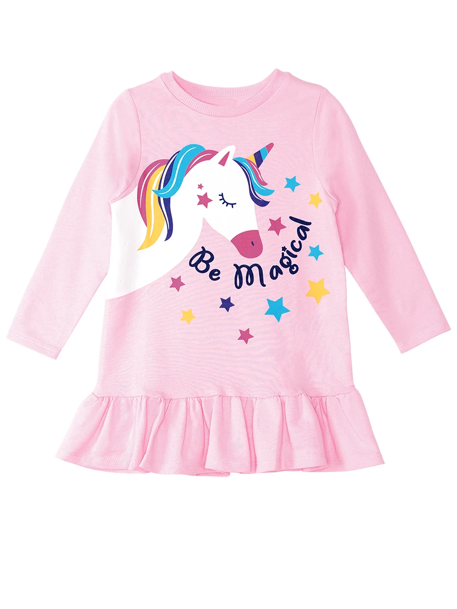 Denokids Unicorn Magic Kız Çocuk Pembe Uzun Kollu Fırfırlı Elbise