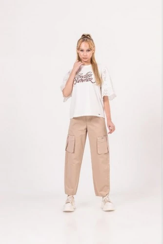 Loco Loco Kız Çocuk Kargo Cepli Poplin Pantolon - Vizon