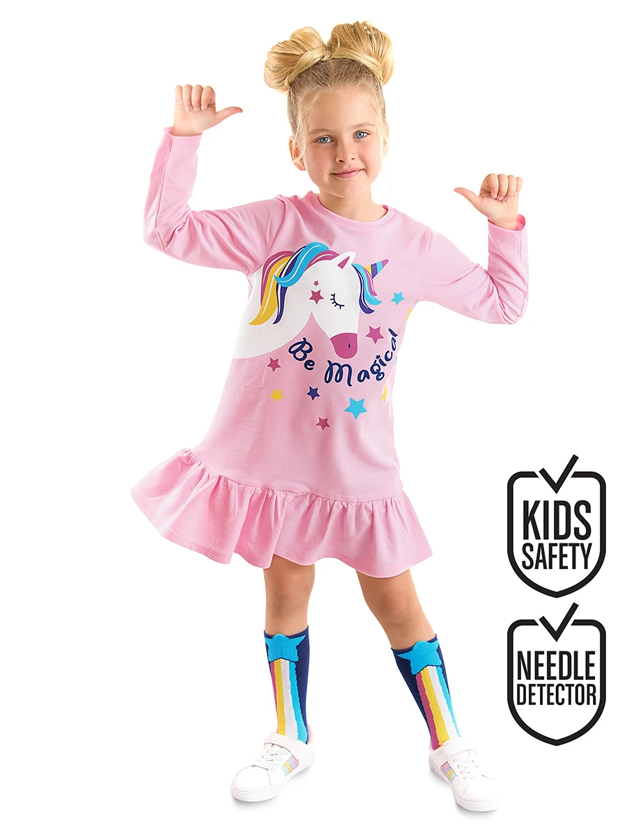 Denokids Unicorn Magic Kız Çocuk Pembe Uzun Kollu Fırfırlı Elbise
