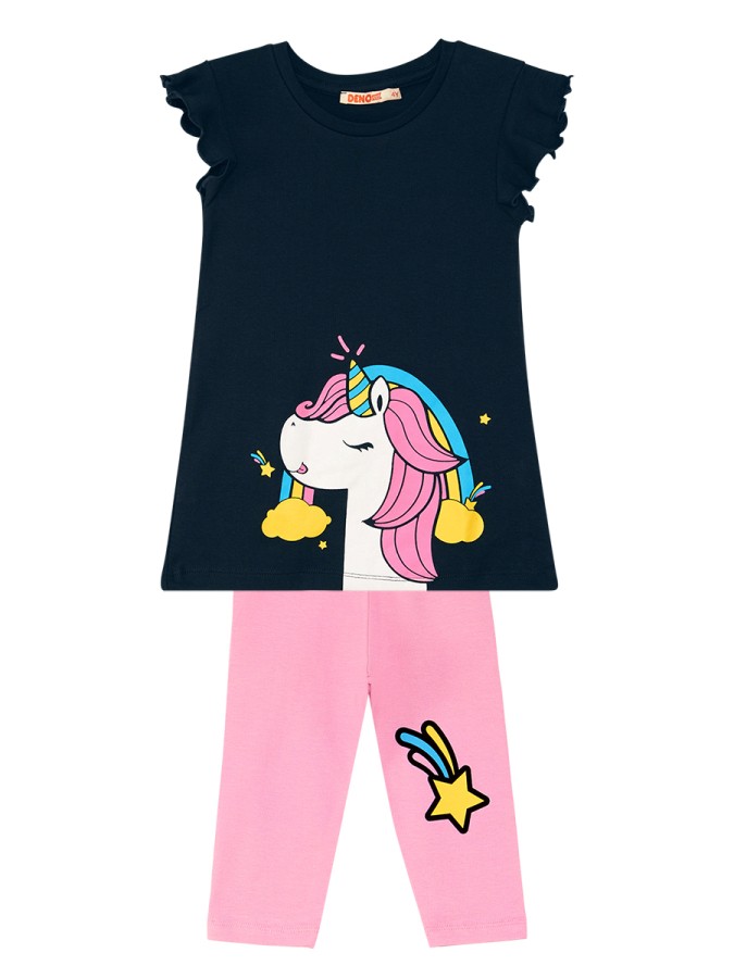 Fırfırlı Unicorn Gücü Kız Çocuk Yazlık T-shirt Tayt Takım Denokids