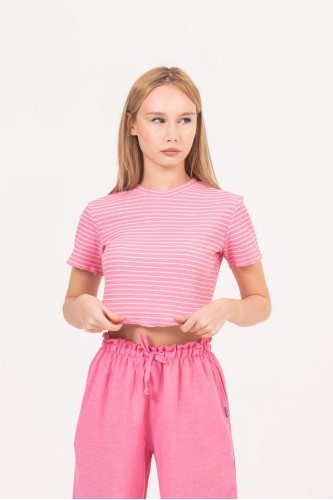 Loco loco Kız Çocuk Çizgili Crop Tshirt - Pembe