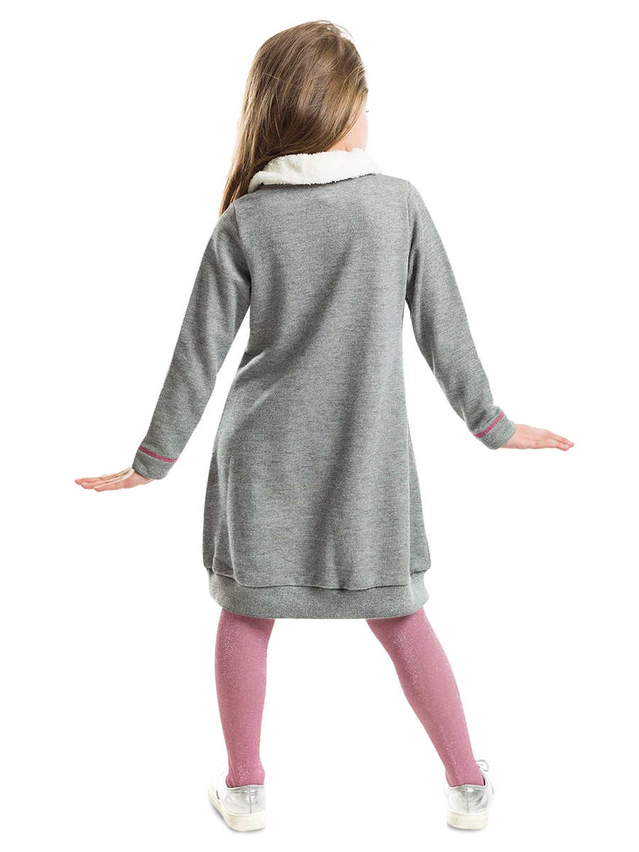 MUSHİ Şal Yaka Kedi Cepli Peluş Kız Çocuk Gri Kışlık Elbise