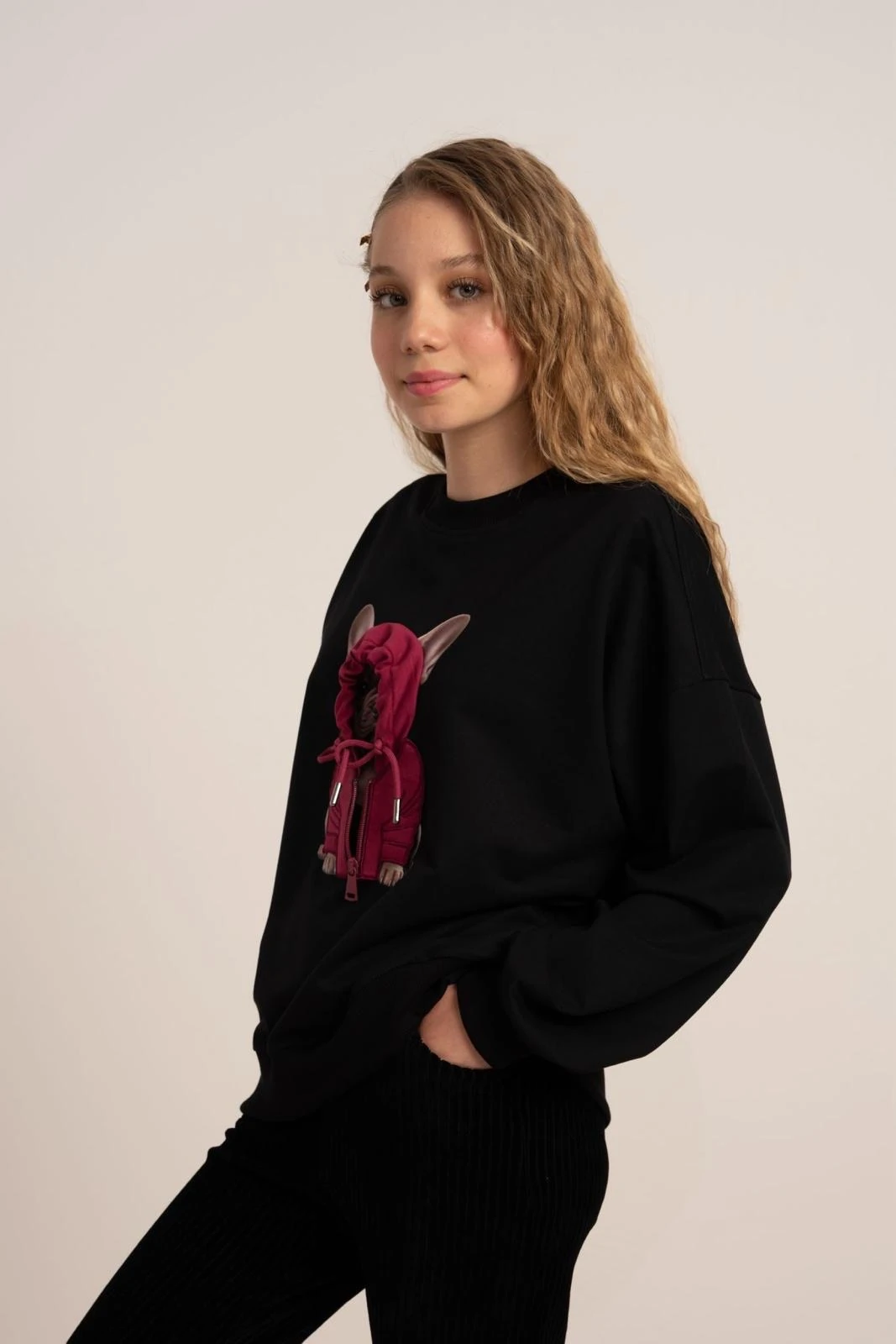 Loco Loco Kız Çocuk 2 Iplik Köpek Baskılı Sweat - Siyah