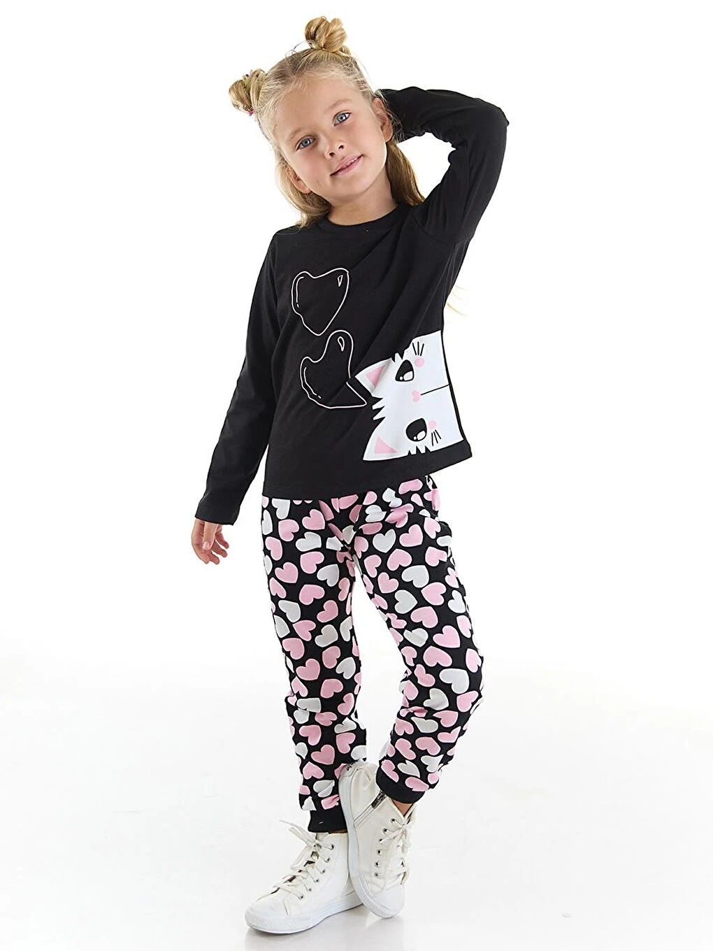 Deno Kids Karışık Kalpli Kedi Kız Çocuk Tişört Pantolon Takım
