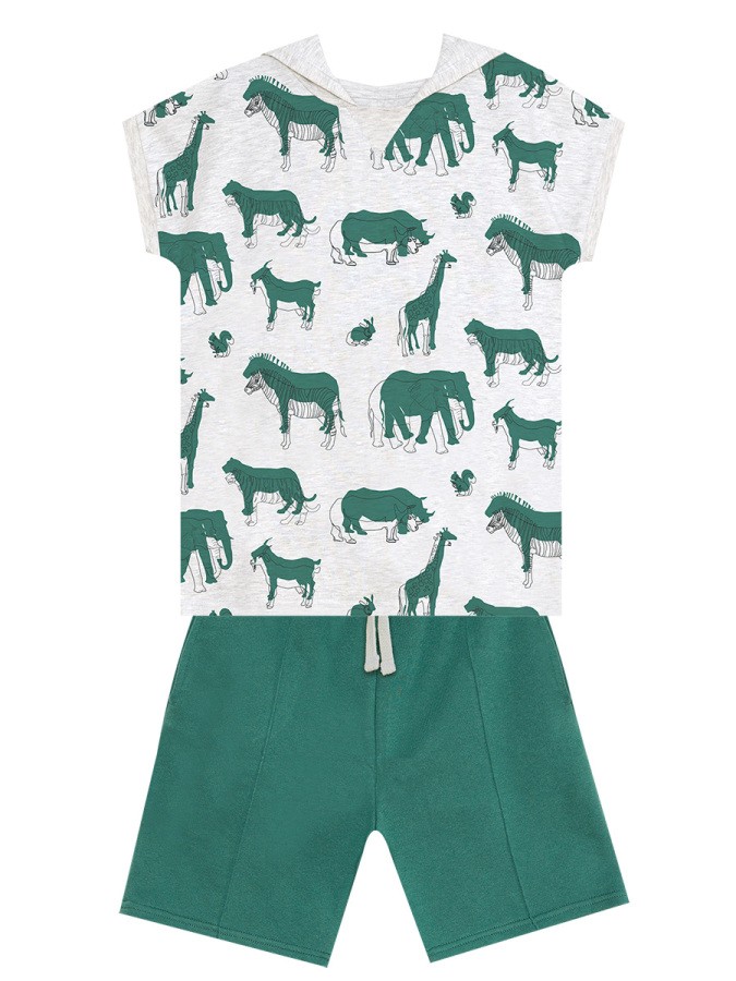 Animals Yeşil Erkek Çocuk Kapüşonlu Yazlık T-shirt Şort Takım MSHB&G
