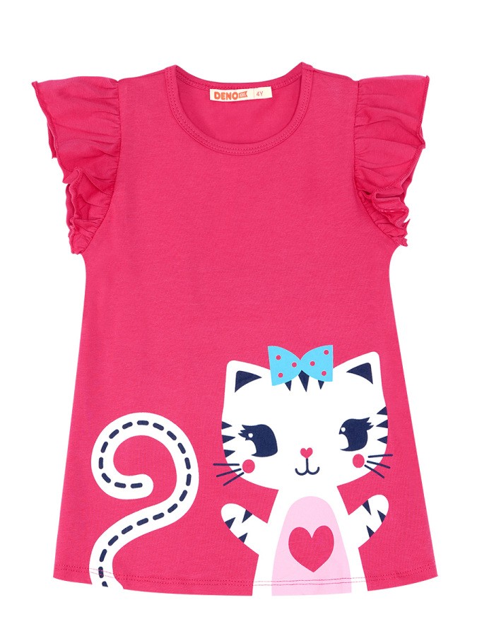 Fırfırlı Kedicik Kız Çocuk T-shirt Tayt Takım Denokids