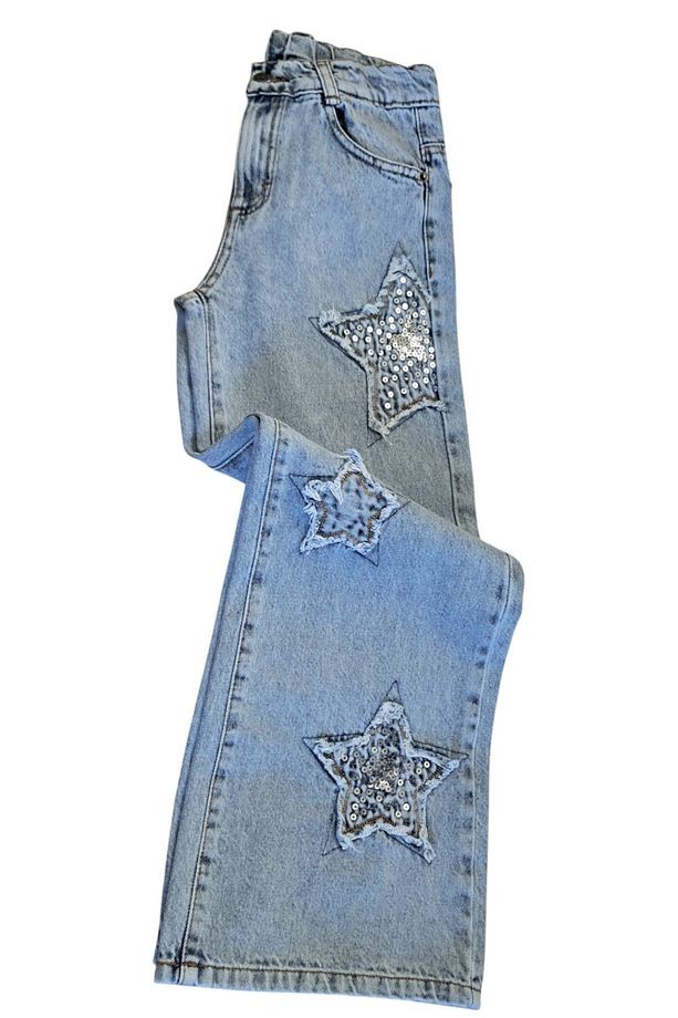 DMB  Yıldız Detaylı Pul İşleme Bol Paça Kız Denim Pantolon