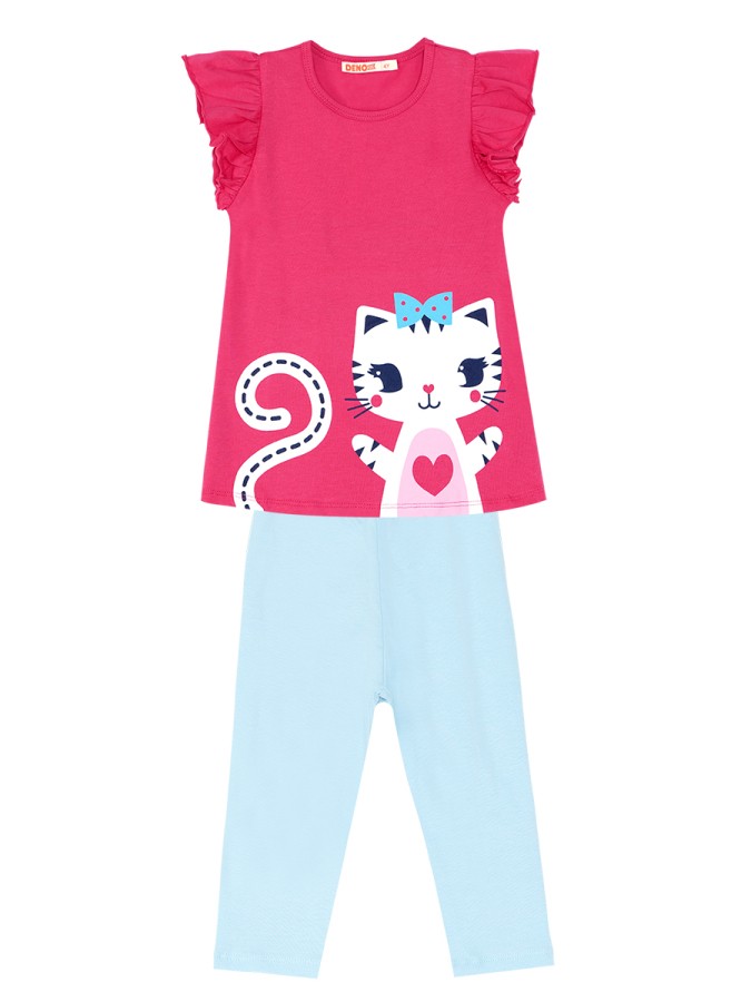 Fırfırlı Kedicik Kız Çocuk T-shirt Tayt Takım Denokids