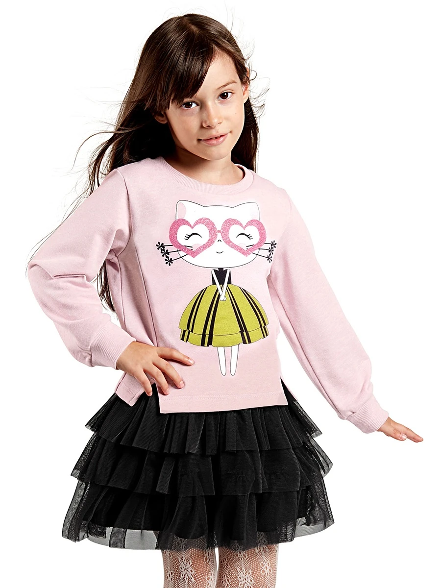 Deno Kids Kalp Gözlük Kız Çocuk Tüllü Sweatshirt Etek Takım
