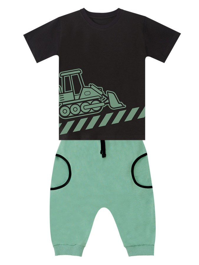 Dozer Yolda Yeşil Erkek Çocuk Yazlık T-shirt Cepli Kapri Şort Takım MSHB&G