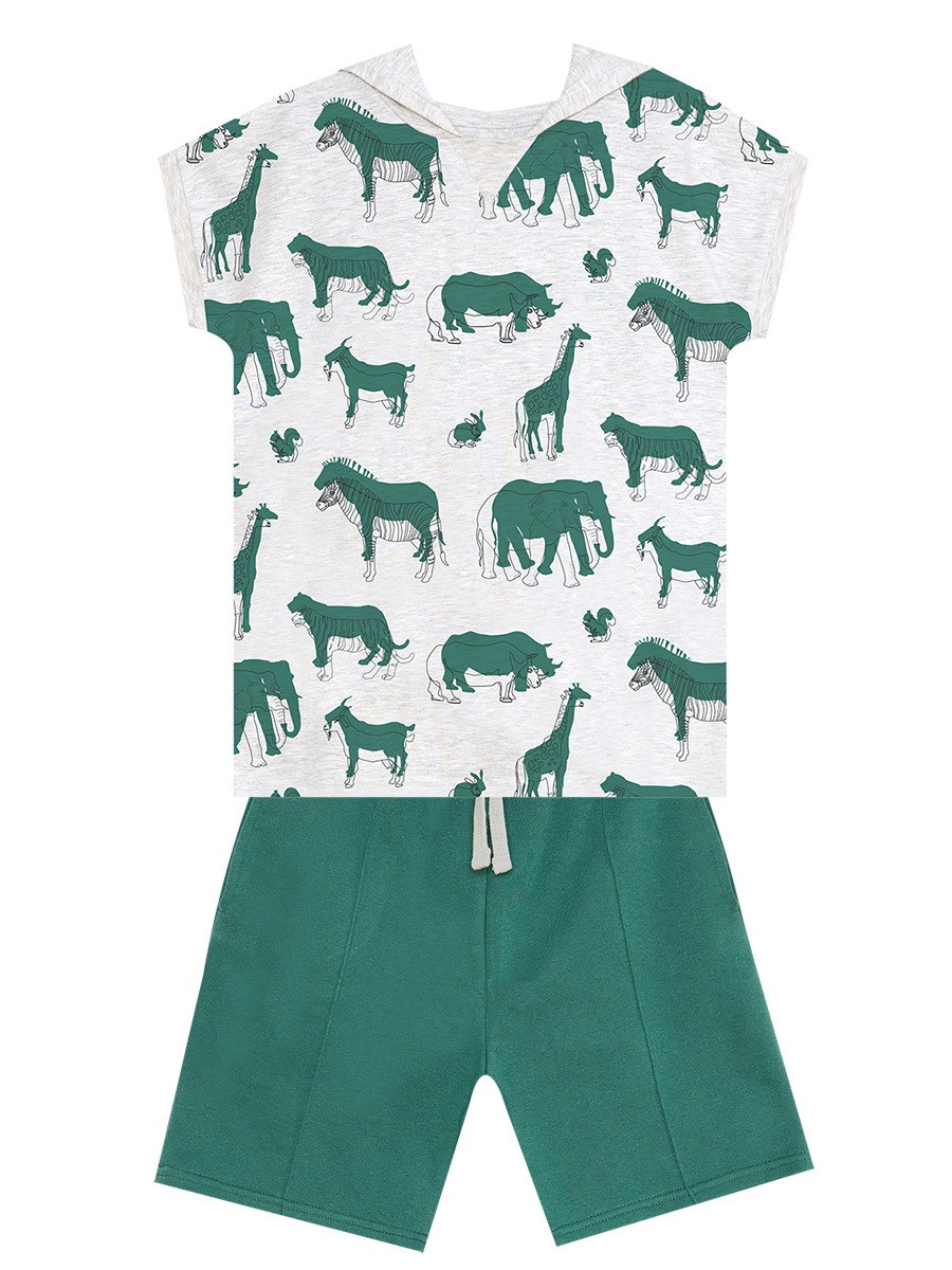 Animals Yeşil Erkek Çocuk Kapüşonlu Yazlık T-shirt Şort Takım MSHB&G