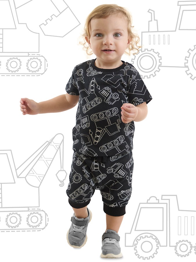 Araba Erkek Bebek Siyah Yazlık T-Shirt Kapri Şort Takım Denokids