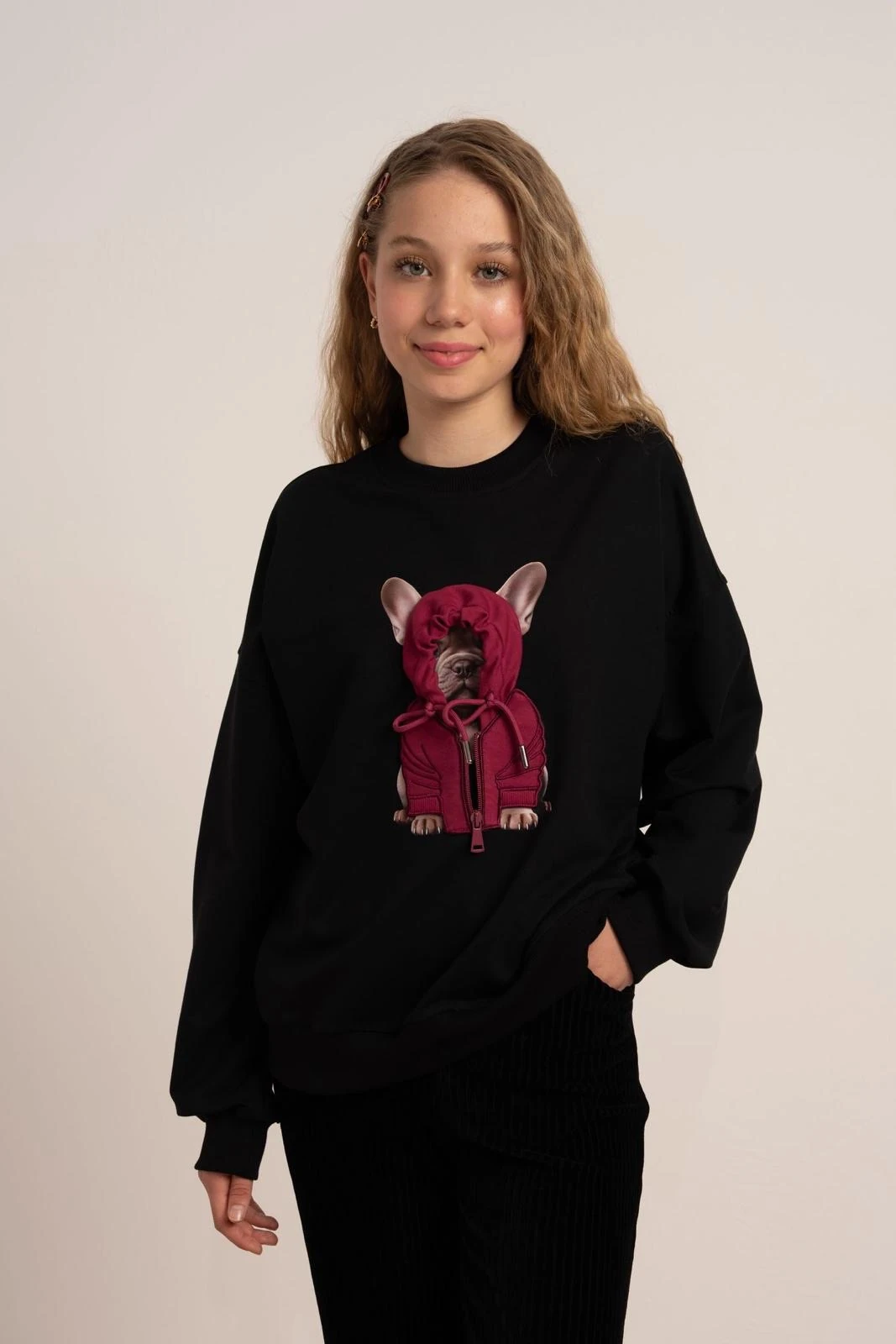 Loco Loco Kız Çocuk 2 Iplik Köpek Baskılı Sweat - Siyah