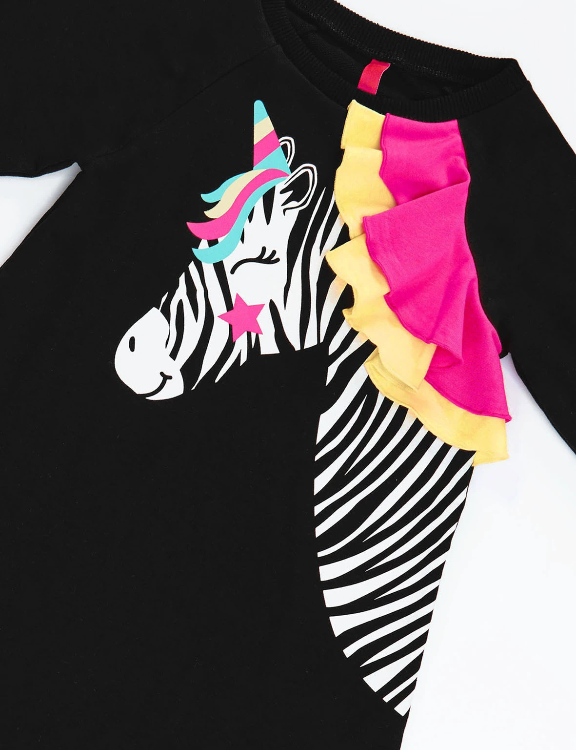 Denokids Siyah Unicorn Zebra Kız Çocuk Uzun Kollu Fırfır Detaylı Elbise